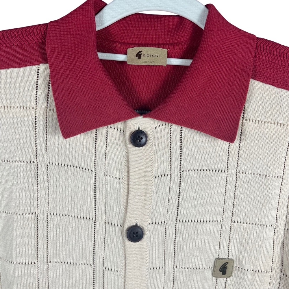 Gabicci Knit Shirt Mens Large Burgundy Cream Colorblock Retro Button Up Polo